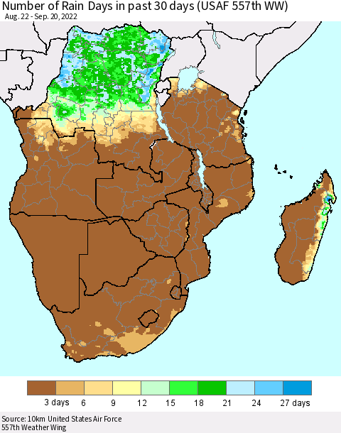 Southern Africa Number of Rain Days in past 30 days (USAF 557th WW) 09/20/2022 Thematic Map For 9/16/2022 - 9/20/2022