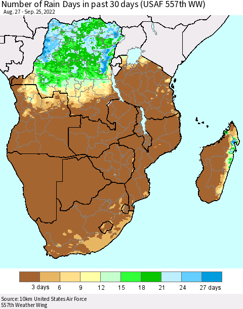 Southern Africa Number of Rain Days in past 30 days (USAF 557th WW) 09/25/2022 Thematic Map For 9/21/2022 - 9/25/2022
