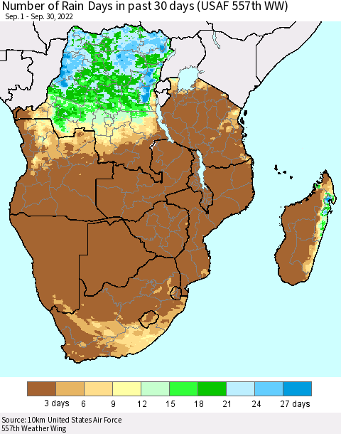 Southern Africa Number of Rain Days in past 30 days (USAF 557th WW) 09/30/2022 Thematic Map For 9/26/2022 - 9/30/2022