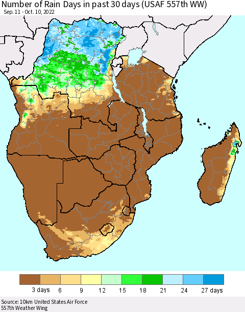 Southern Africa Number of Rain Days in past 30 days (USAF 557th WW) 10/10/2022 Thematic Map For 10/6/2022 - 10/10/2022