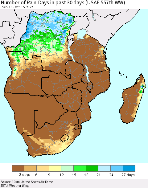 Southern Africa Number of Rain Days in past 30 days (USAF 557th WW) 10/15/2022 Thematic Map For 10/11/2022 - 10/15/2022