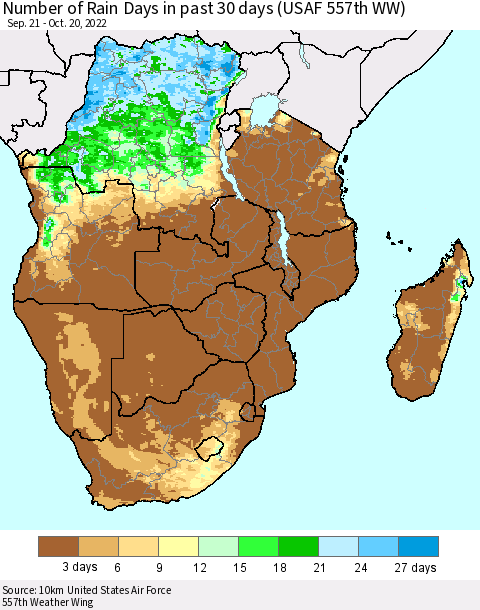 Southern Africa Number of Rain Days in past 30 days (USAF 557th WW) 10/20/2022 Thematic Map For 10/16/2022 - 10/20/2022