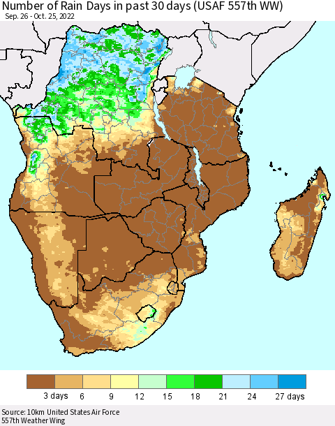 Southern Africa Number of Rain Days in past 30 days (USAF 557th WW) 10/25/2022 Thematic Map For 10/21/2022 - 10/25/2022