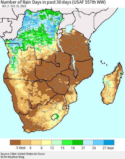 Southern Africa Number of Rain Days in past 30 days (USAF 557th WW) 10/31/2022 Thematic Map For 10/26/2022 - 10/31/2022