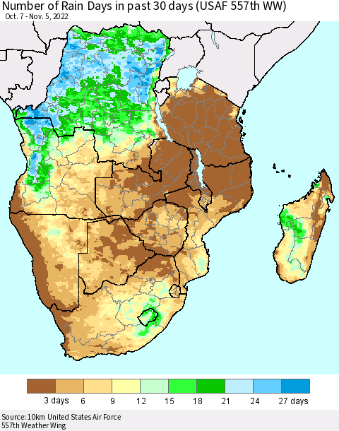 Southern Africa Number of Rain Days in past 30 days (USAF 557th WW) 11/05/2022 Thematic Map For 11/1/2022 - 11/5/2022