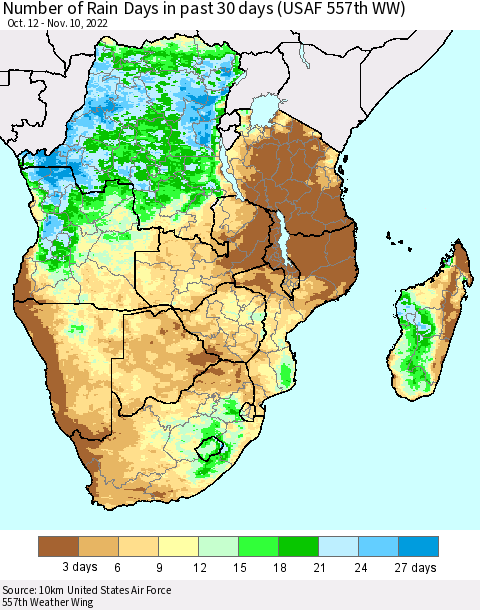 Southern Africa Number of Rain Days in past 30 days (USAF 557th WW) 11/10/2022 Thematic Map For 11/6/2022 - 11/10/2022
