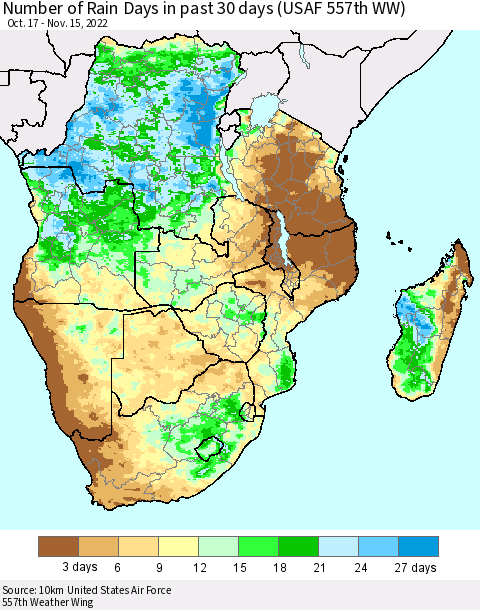 Southern Africa Number of Rain Days in past 30 days (USAF 557th WW) 11/15/2022 Thematic Map For 11/11/2022 - 11/15/2022
