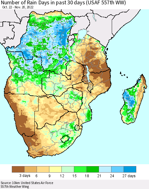 Southern Africa Number of Rain Days in past 30 days (USAF 557th WW) 11/20/2022 Thematic Map For 11/16/2022 - 11/20/2022