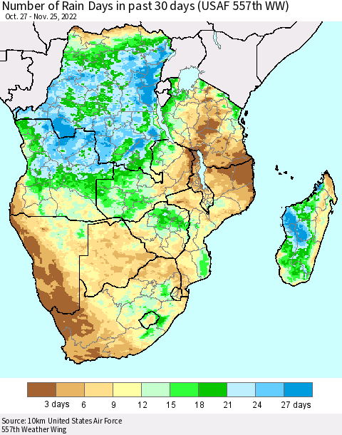 Southern Africa Number of Rain Days in past 30 days (USAF 557th WW) 11/25/2022 Thematic Map For 11/21/2022 - 11/25/2022