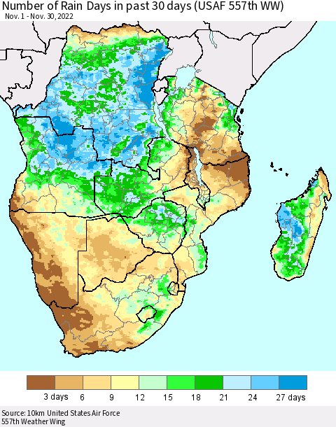 Southern Africa Number of Rain Days in past 30 days (USAF 557th WW) 11/30/2022 Thematic Map For 11/26/2022 - 11/30/2022