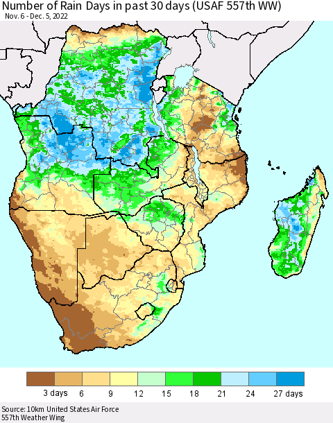 Southern Africa Number of Rain Days in past 30 days (USAF 557th WW) 12/05/2022 Thematic Map For 12/1/2022 - 12/5/2022