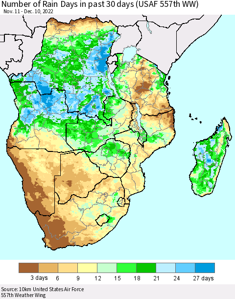 Southern Africa Number of Rain Days in past 30 days (USAF 557th WW) 12/10/2022 Thematic Map For 12/6/2022 - 12/10/2022