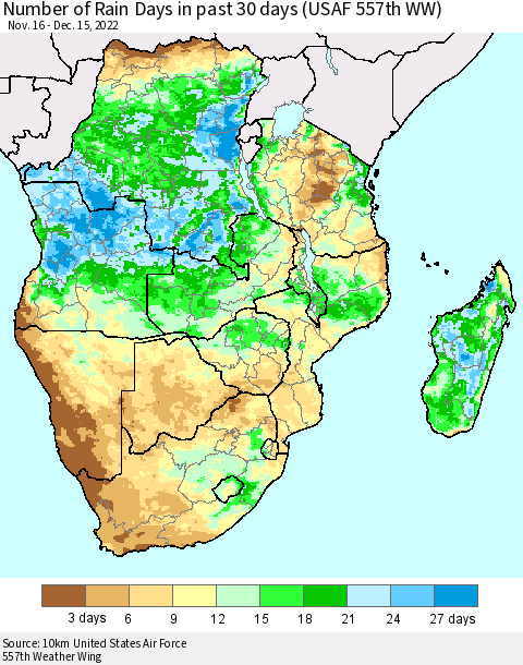 Southern Africa Number of Rain Days in past 30 days (USAF 557th WW) 12/15/2022 Thematic Map For 12/11/2022 - 12/15/2022