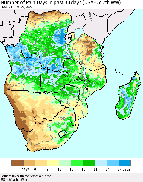 Southern Africa Number of Rain Days in past 30 days (USAF 557th WW) 12/20/2022 Thematic Map For 12/16/2022 - 12/20/2022