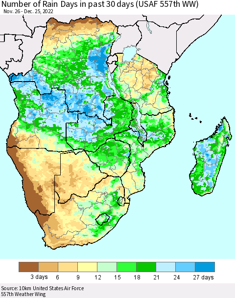 Southern Africa Number of Rain Days in past 30 days (USAF 557th WW) 12/25/2022 Thematic Map For 12/21/2022 - 12/25/2022