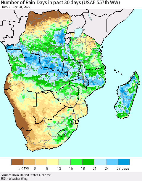 Southern Africa Number of Rain Days in past 30 days (USAF 557th WW) 12/31/2022 Thematic Map For 12/26/2022 - 12/31/2022