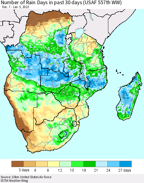 Southern Africa Number of Rain Days in past 30 days (USAF 557th WW) 01/05/2023 Thematic Map For 1/1/2023 - 1/5/2023