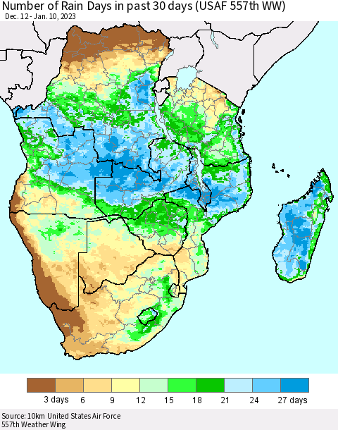 Southern Africa Number of Rain Days in past 30 days (USAF 557th WW) 01/10/2023 Thematic Map For 1/6/2023 - 1/10/2023