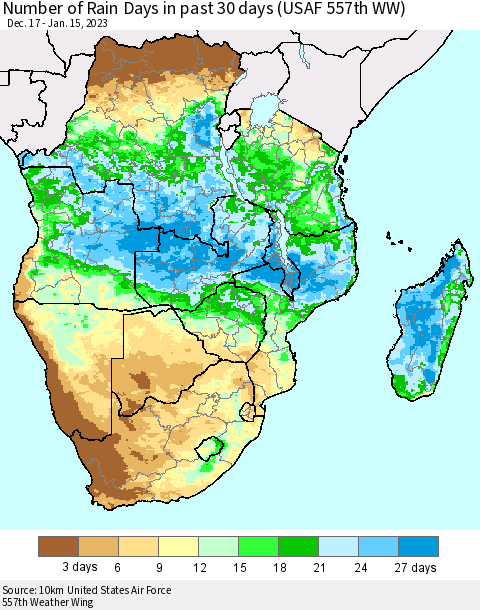 Southern Africa Number of Rain Days in past 30 days (USAF 557th WW) 01/15/2023 Thematic Map For 1/11/2023 - 1/15/2023