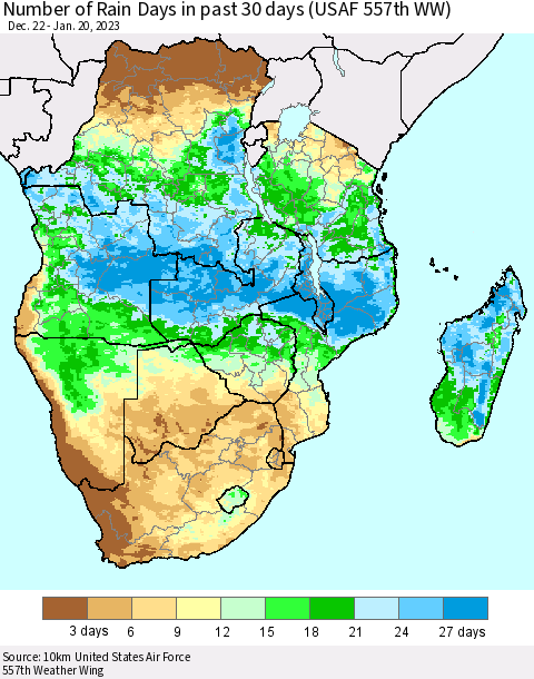 Southern Africa Number of Rain Days in past 30 days (USAF 557th WW) 01/20/2023 Thematic Map For 1/16/2023 - 1/20/2023