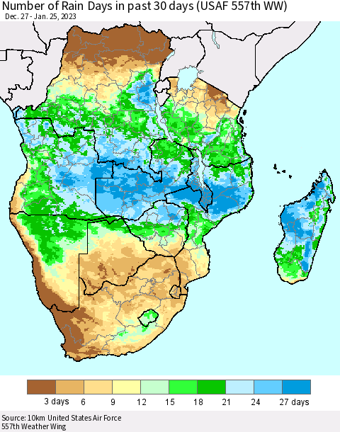 Southern Africa Number of Rain Days in past 30 days (USAF 557th WW) 01/25/2023 Thematic Map For 1/21/2023 - 1/25/2023