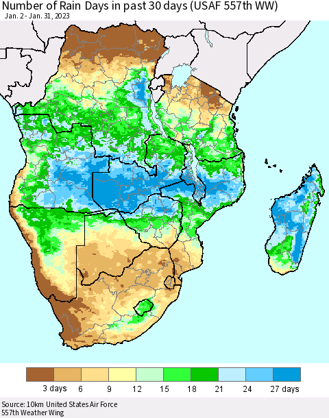Southern Africa Number of Rain Days in past 30 days (USAF 557th WW) 01/31/2023 Thematic Map For 1/26/2023 - 1/31/2023