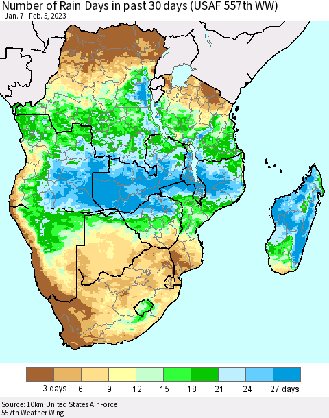 Southern Africa Number of Rain Days in past 30 days (USAF 557th WW) 02/05/2023 Thematic Map For 2/1/2023 - 2/5/2023