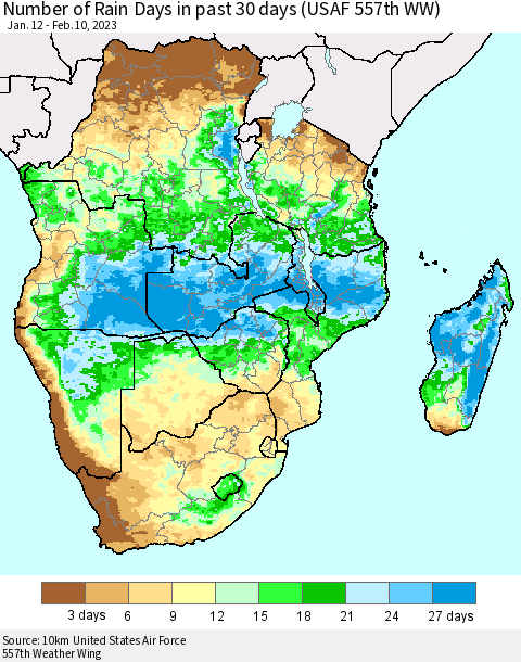Southern Africa Number of Rain Days in past 30 days (USAF 557th WW) 02/10/2023 Thematic Map For 2/6/2023 - 2/10/2023