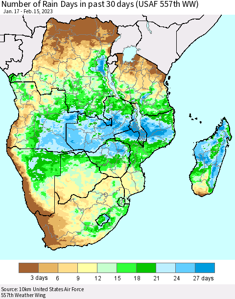 Southern Africa Number of Rain Days in past 30 days (USAF 557th WW) 02/15/2023 Thematic Map For 2/11/2023 - 2/15/2023