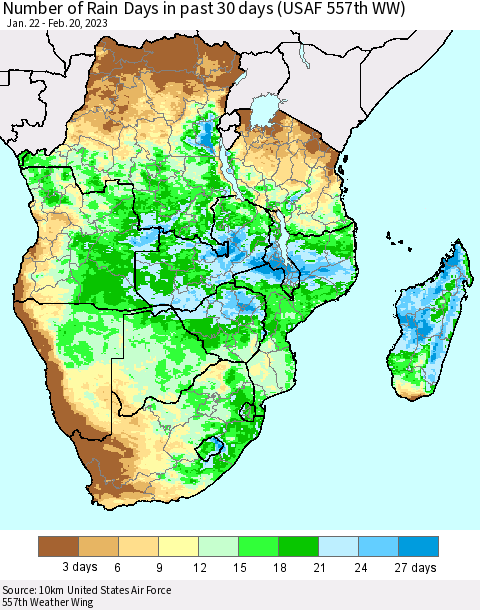 Southern Africa Number of Rain Days in past 30 days (USAF 557th WW) 02/20/2023 Thematic Map For 2/16/2023 - 2/20/2023