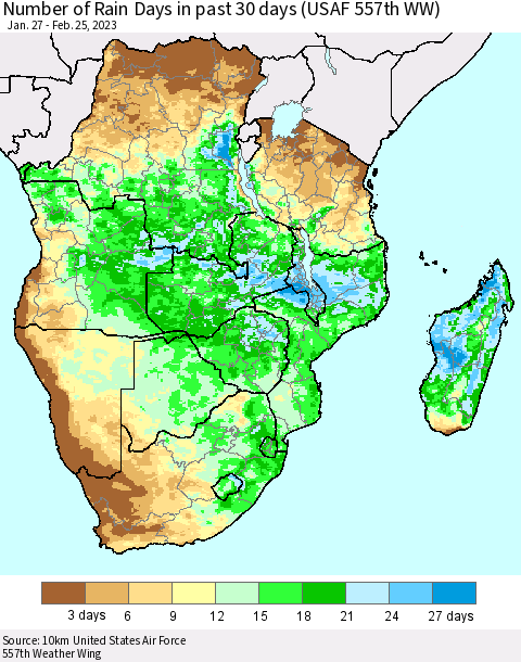 Southern Africa Number of Rain Days in past 30 days (USAF 557th WW) 02/25/2023 Thematic Map For 2/21/2023 - 2/25/2023