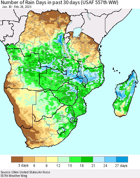 Southern Africa Number of Rain Days in past 30 days (USAF 557th WW) 02/28/2023 Thematic Map For 2/26/2023 - 2/28/2023