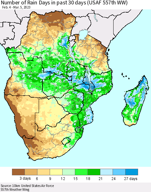 Southern Africa Number of Rain Days in past 30 days (USAF 557th WW) 03/05/2023 Thematic Map For 3/1/2023 - 3/5/2023