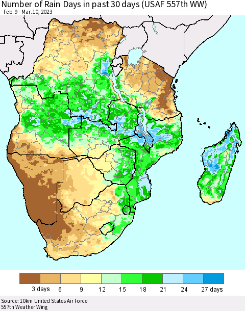Southern Africa Number of Rain Days in past 30 days (USAF 557th WW) 03/10/2023 Thematic Map For 3/6/2023 - 3/10/2023