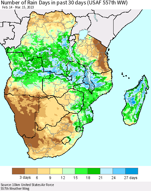 Southern Africa Number of Rain Days in past 30 days (USAF 557th WW) 03/15/2023 Thematic Map For 3/11/2023 - 3/15/2023
