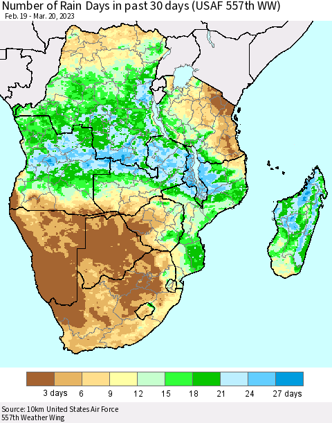 Southern Africa Number of Rain Days in past 30 days (USAF 557th WW) 03/20/2023 Thematic Map For 3/16/2023 - 3/20/2023