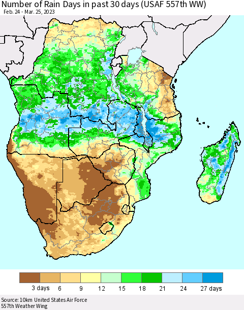 Southern Africa Number of Rain Days in past 30 days (USAF 557th WW) 03/25/2023 Thematic Map For 3/21/2023 - 3/25/2023