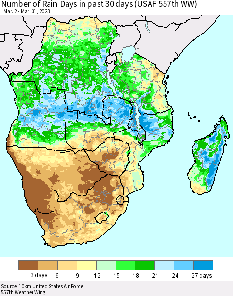 Southern Africa Number of Rain Days in past 30 days (USAF 557th WW) 03/31/2023 Thematic Map For 3/26/2023 - 3/31/2023