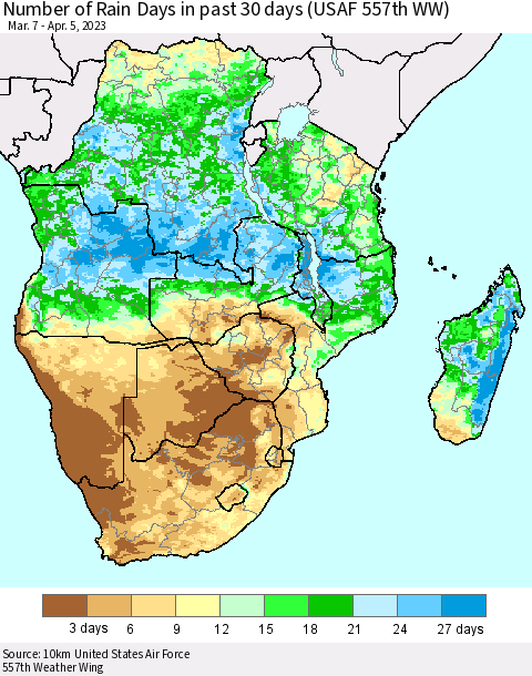 Southern Africa Number of Rain Days in past 30 days (USAF 557th WW) 04/05/2023 Thematic Map For 4/1/2023 - 4/5/2023