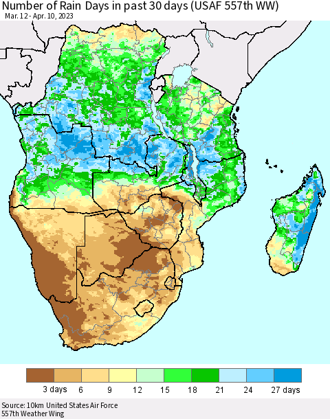 Southern Africa Number of Rain Days in past 30 days (USAF 557th WW) 04/10/2023 Thematic Map For 4/6/2023 - 4/10/2023