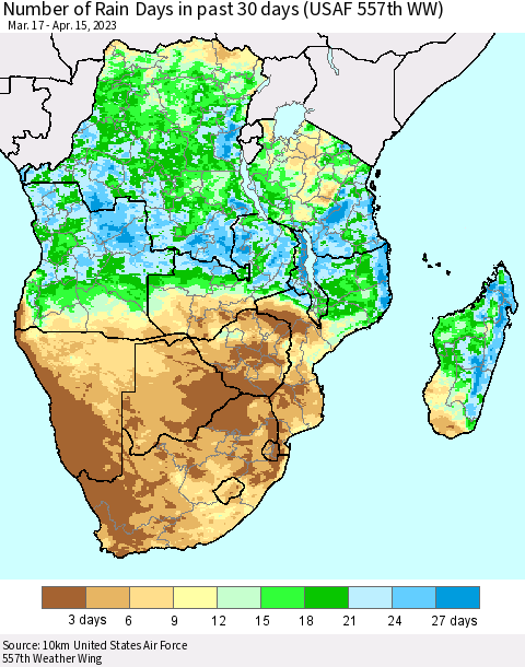 Southern Africa Number of Rain Days in past 30 days (USAF 557th WW) 04/15/2023 Thematic Map For 4/11/2023 - 4/15/2023