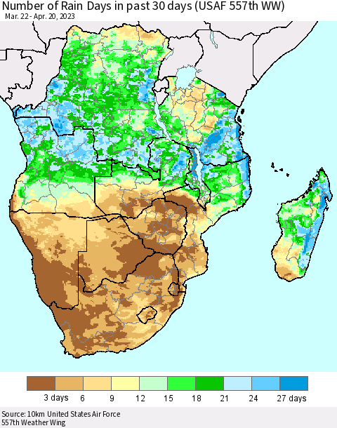Southern Africa Number of Rain Days in past 30 days (USAF 557th WW) 04/20/2023 Thematic Map For 4/16/2023 - 4/20/2023