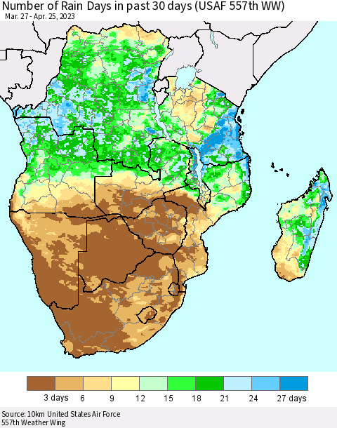 Southern Africa Number of Rain Days in past 30 days (USAF 557th WW) 04/25/2023 Thematic Map For 4/21/2023 - 4/25/2023