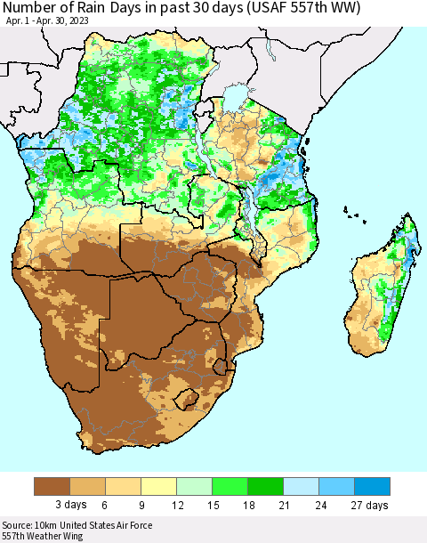 Southern Africa Number of Rain Days in past 30 days (USAF 557th WW) 04/30/2023 Thematic Map For 4/26/2023 - 4/30/2023