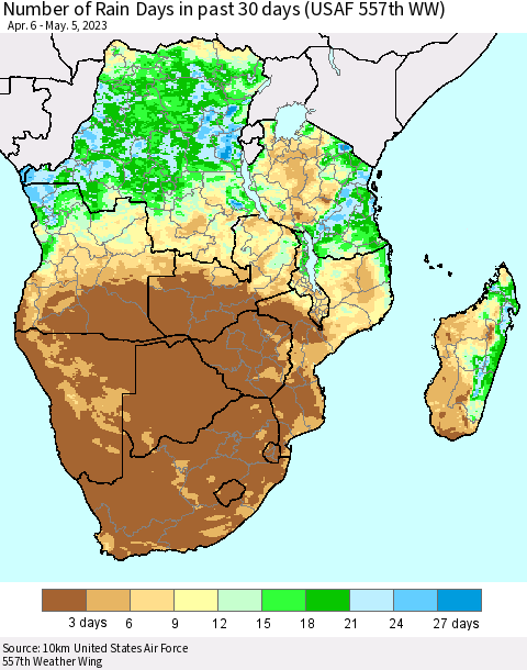 Southern Africa Number of Rain Days in past 30 days (USAF 557th WW) 05/05/2023 Thematic Map For 5/1/2023 - 5/5/2023
