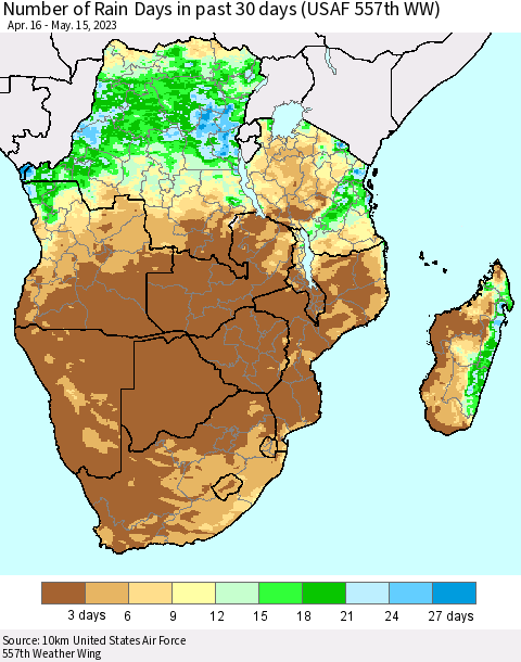 Southern Africa Number of Rain Days in past 30 days (USAF 557th WW) 05/15/2023 Thematic Map For 5/11/2023 - 5/15/2023