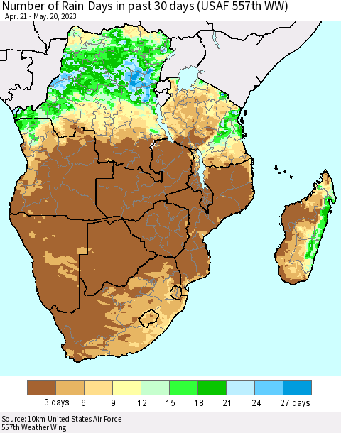 Southern Africa Number of Rain Days in past 30 days (USAF 557th WW) 05/20/2023 Thematic Map For 5/16/2023 - 5/20/2023