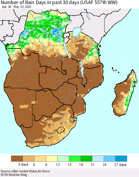Southern Africa Number of Rain Days in past 30 days (USAF 557th WW) 05/25/2023 Thematic Map For 5/21/2023 - 5/25/2023