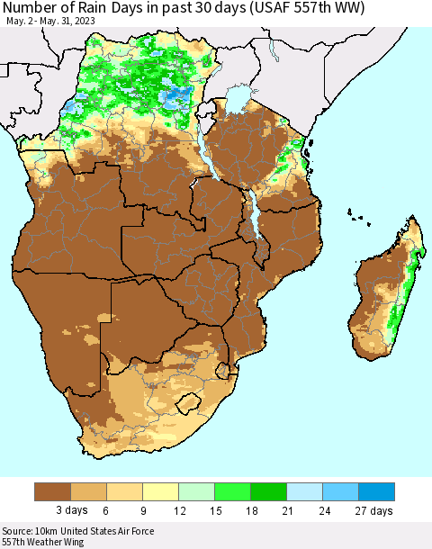 Southern Africa Number of Rain Days in past 30 days (USAF 557th WW) 05/31/2023 Thematic Map For 5/26/2023 - 5/31/2023