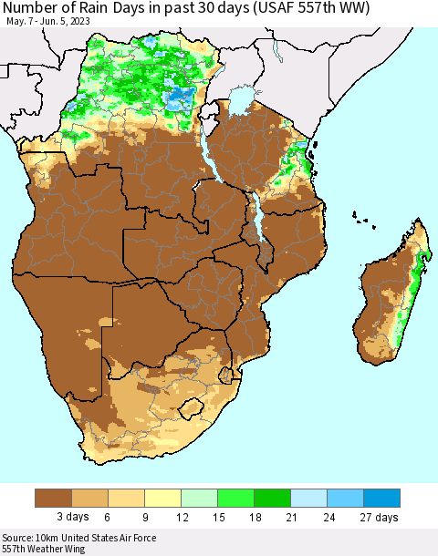 Southern Africa Number of Rain Days in past 30 days (USAF 557th WW) 06/05/2023 Thematic Map For 6/1/2023 - 6/5/2023